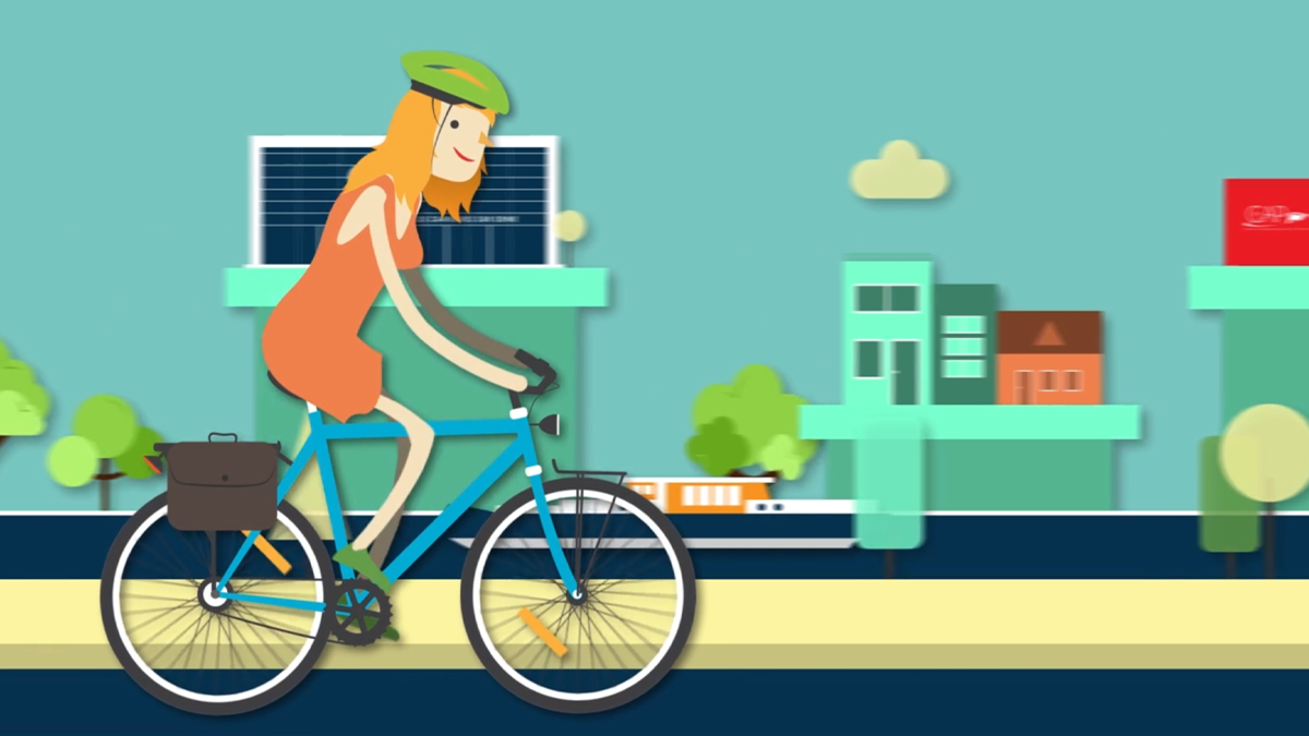 Illustration animée d'une cycliste en casquette pédalant en ville, écran de l'application GéoVelo en arrière-plan