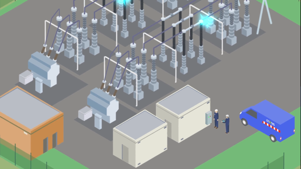Illustration isométrique d'un poste électrique Enedis avec techniciens et véhicule de service