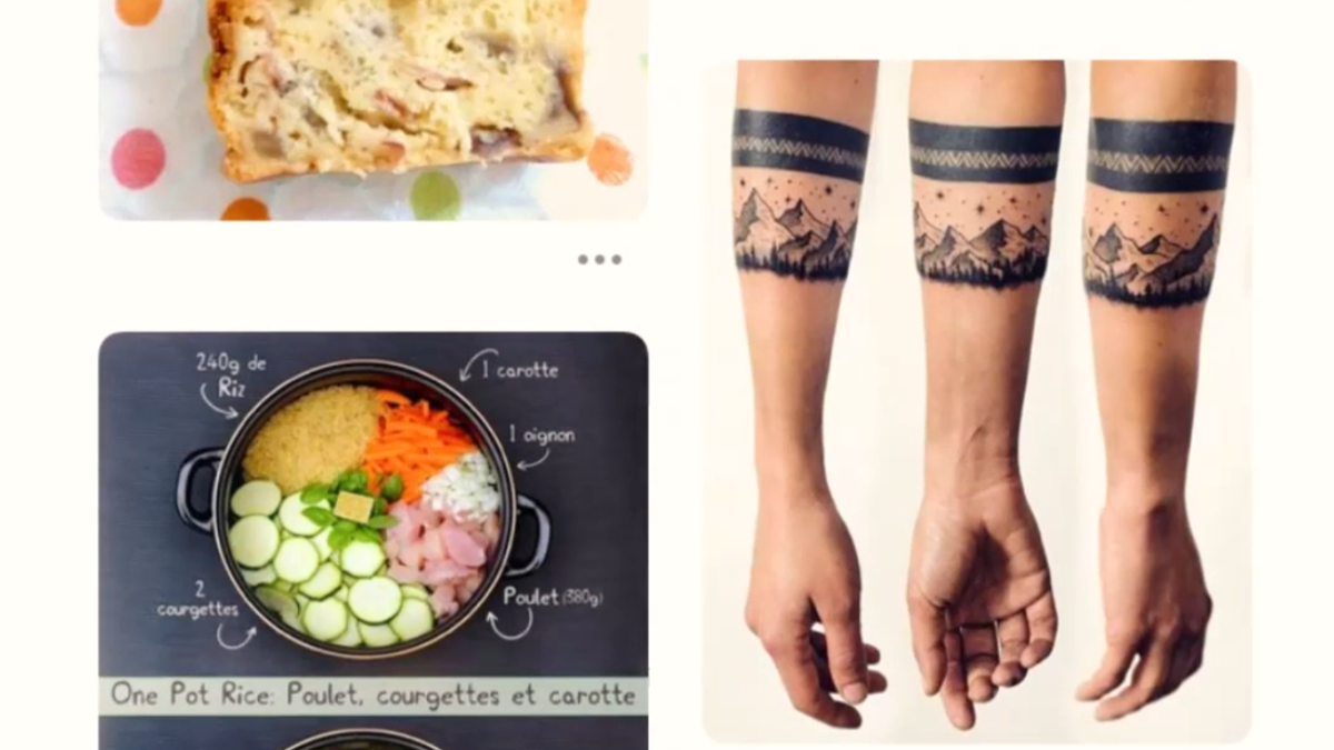 Collage d'épingles Pinterest : recette de riz, cake, tatouages sur avant-bras
