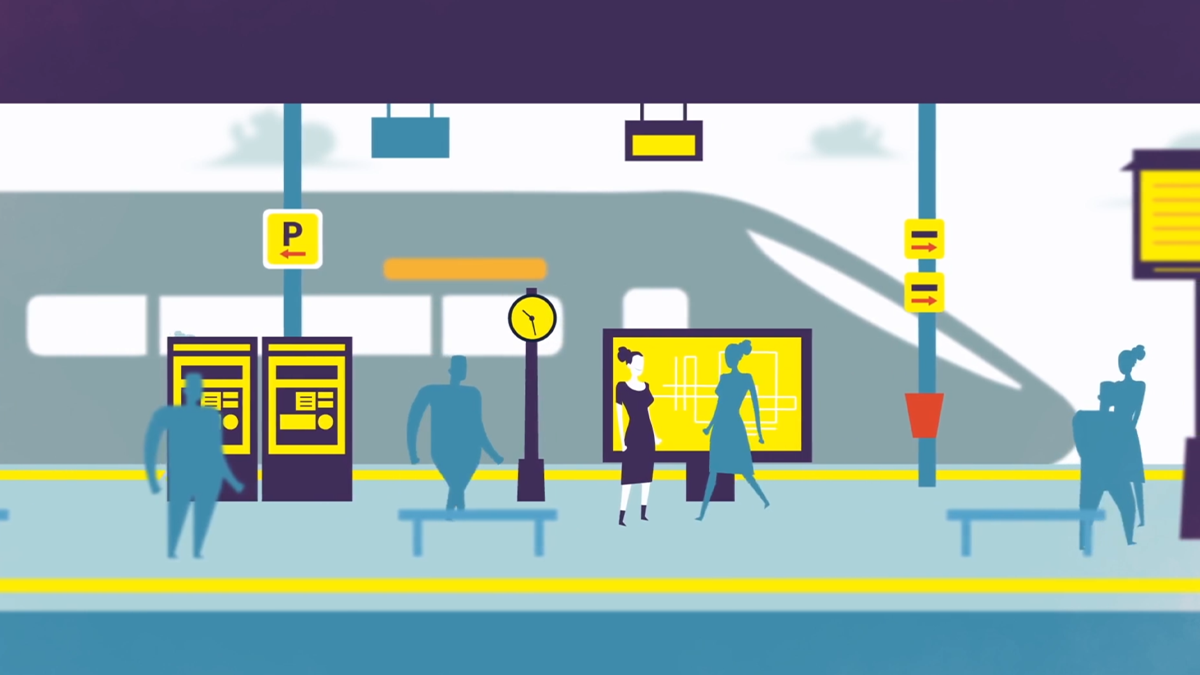 Illustration animée d'un quai de gare avec voyageurs, horloge et TGV