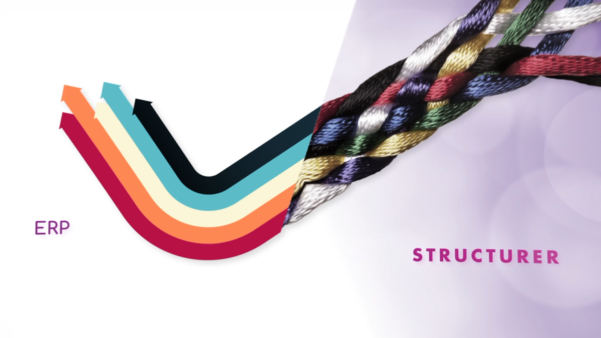 Animation graphique de rubans tressés colorés illustrant la structuration des données ERP