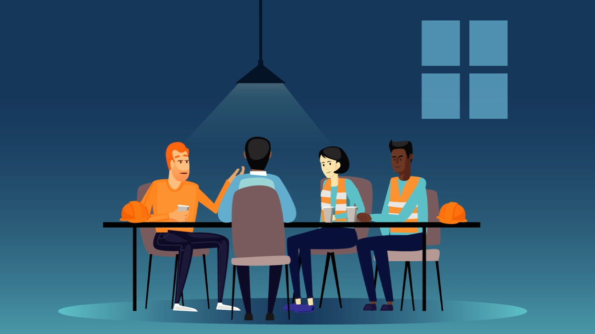 Illustration animée de quatre ouvriers en gilet de sécurité échangeant autour d'une table
