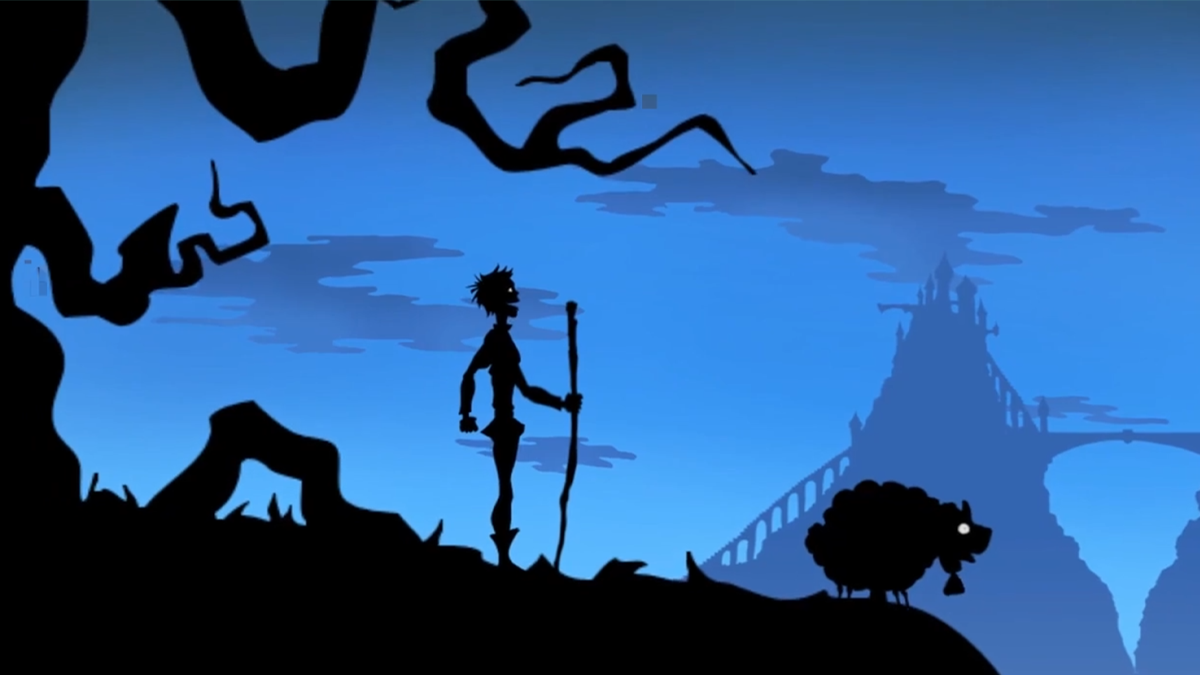 Illustration animée d'un jeune berger avec son bâton et un mouton, silhouette d'un château au loin