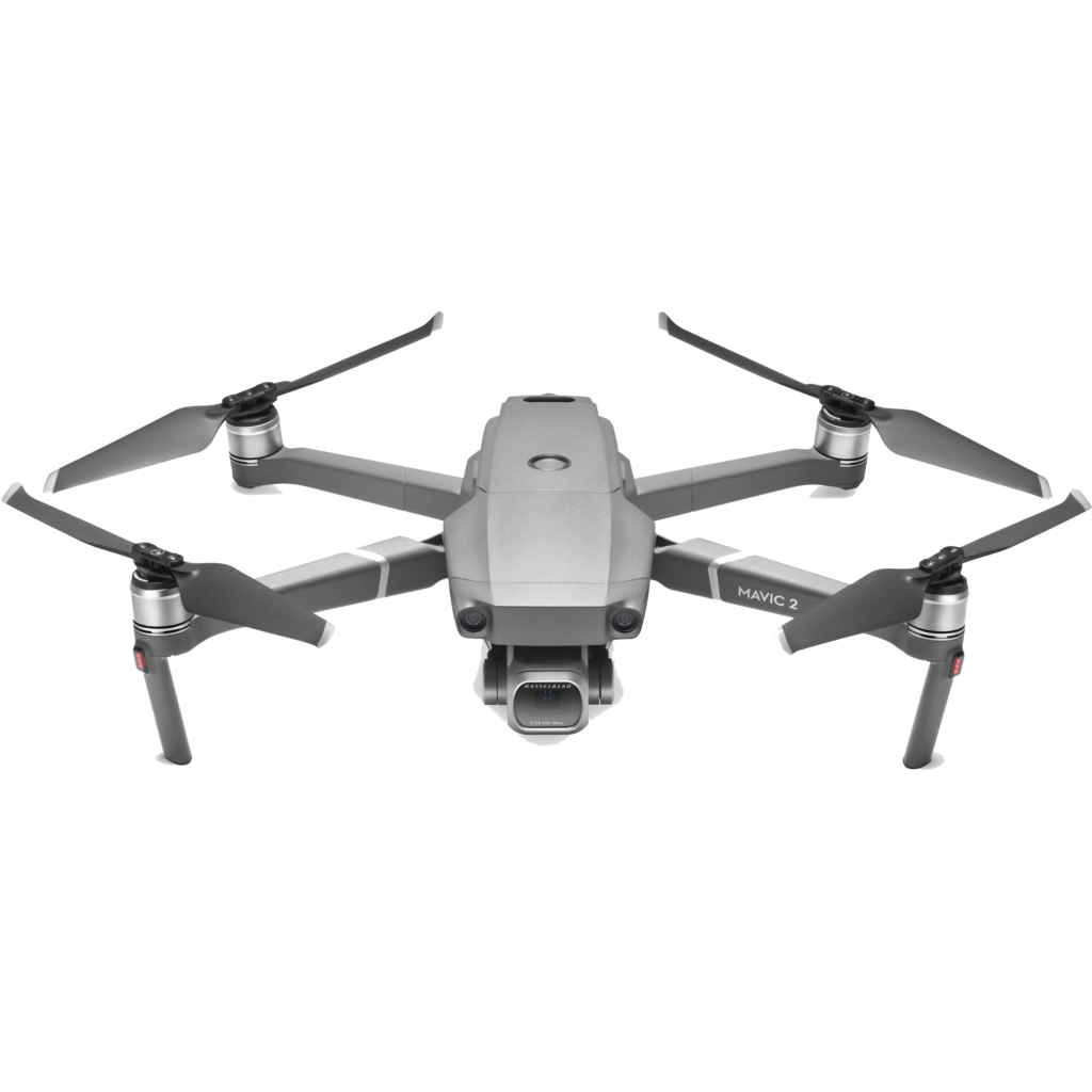 Drone DJI Mavic 2 Pro vu de face, hélices déployées et caméra sous le fuselage
