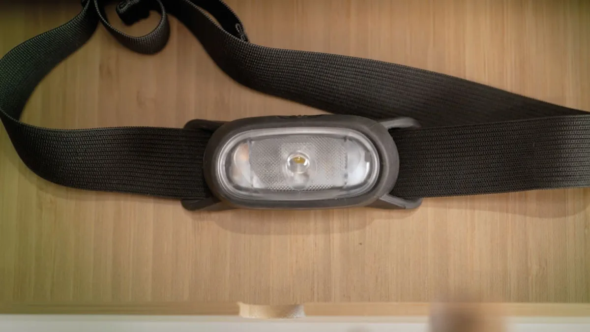 Vue de dessus d'une lampe frontale posée sur un plan de bois