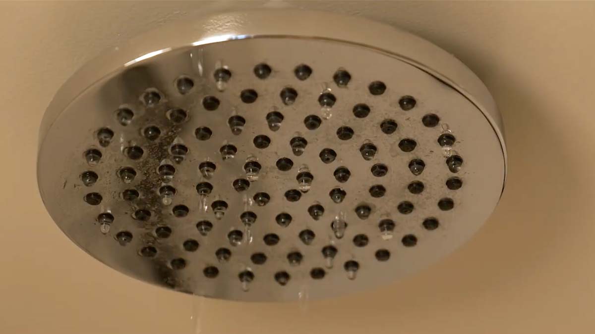 Pommeau de douche en inox vu en contre-plongée, filet d’eau s’écoulant