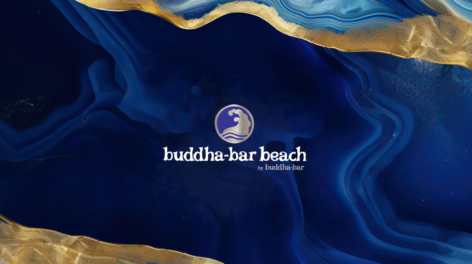 Logo "Buddha-Bar Beach" sur fond marbré bleu et or