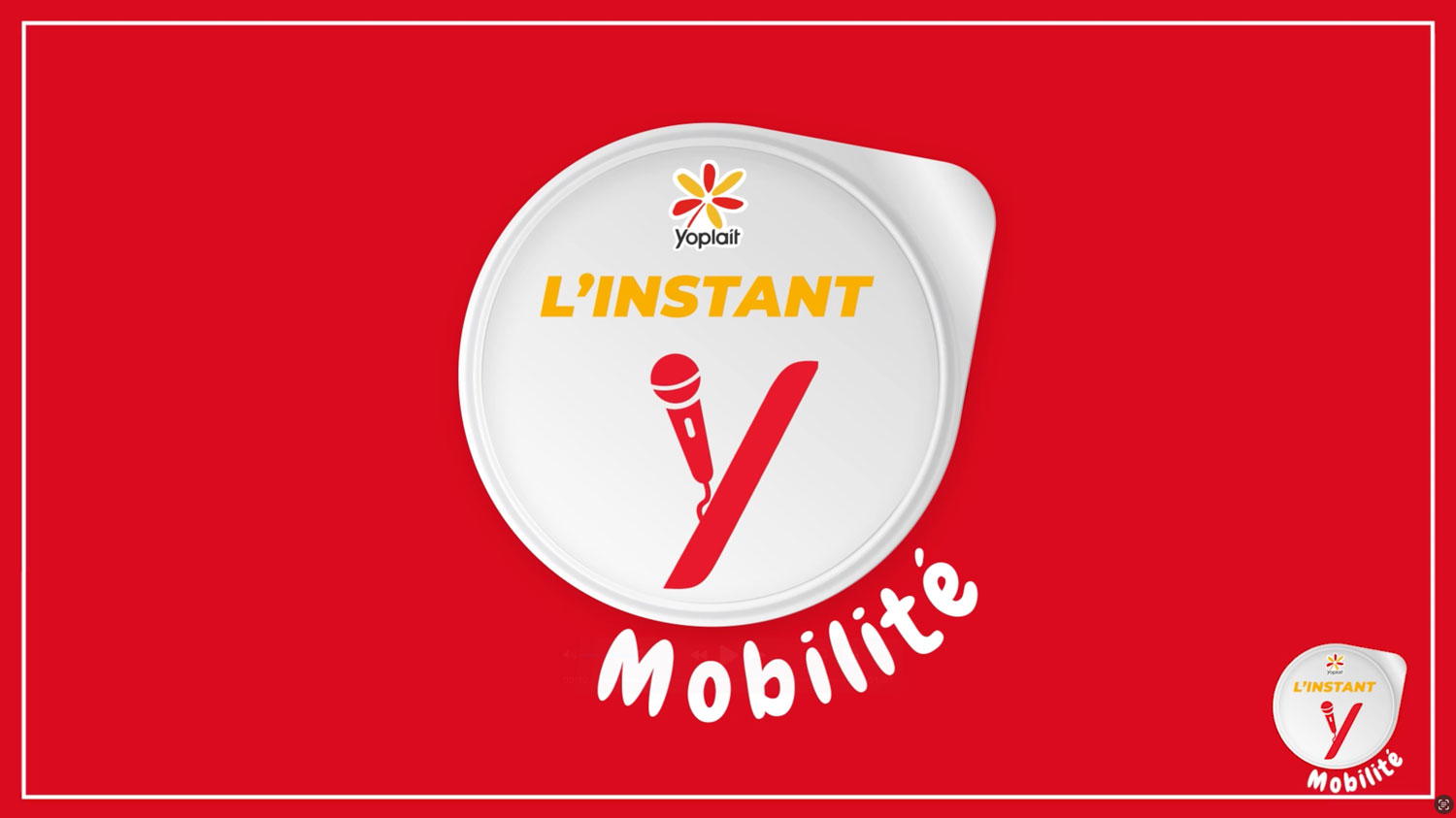 Logo "L'Instant Y Mobilité" avec icône micro sur fond rouge Yoplait